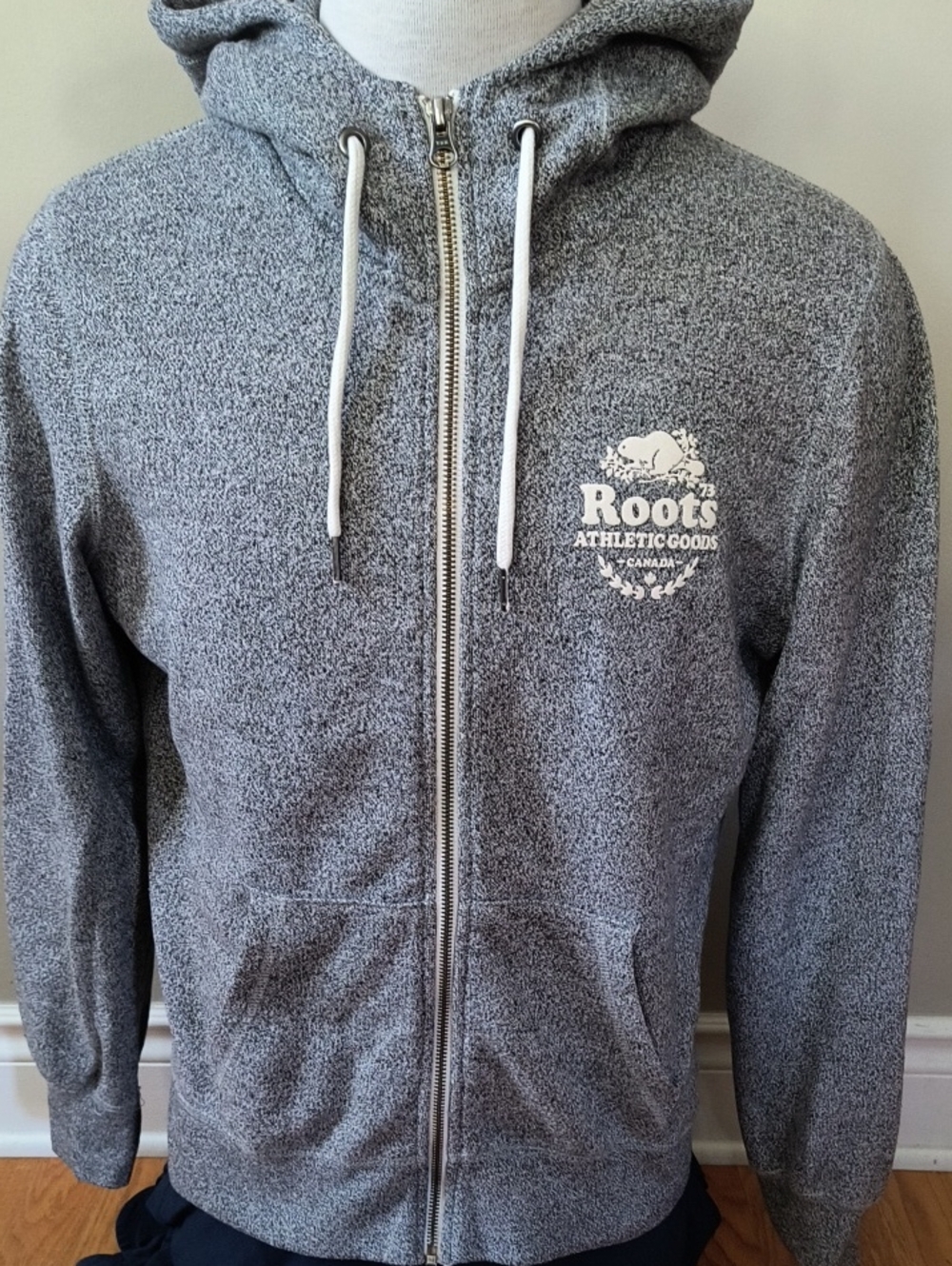 Roots Men's Salt and Pepper Zip-Up Hoodie with White Logo, Size L